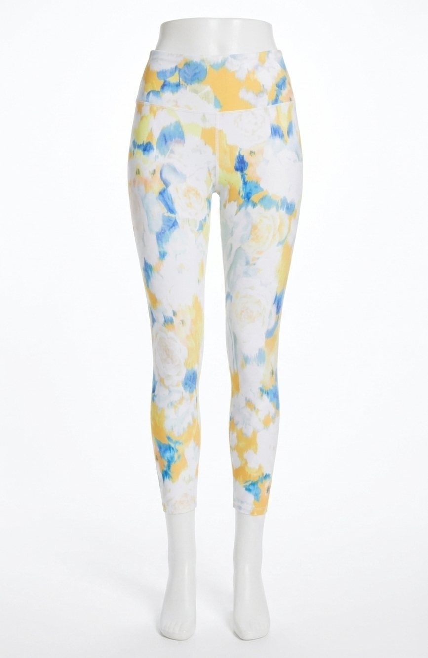 NEW KENSIE printed folded waistband high rise leggings in mellow yellow